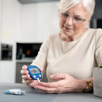 Senior woman with glucometer checking blood sugar level at home. Diabetes, health care concept